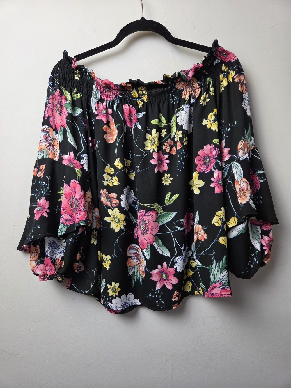 Haute Project Los Angeles Black Floral Off-Shoulder Blouse with Pink & Yellow